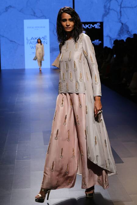 Buy_Payal Singhal_Grey Silk Embroidery Gota Patti And Beads Round Iran Tunic & Palazzo Set _Online_at_Aza_Fashions