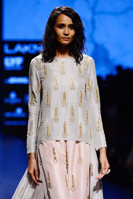 Shop_Payal Singhal_Grey Silk Embroidery Gota Patti And Beads Round Iran Tunic & Palazzo Set _Online_at_Aza_Fashions