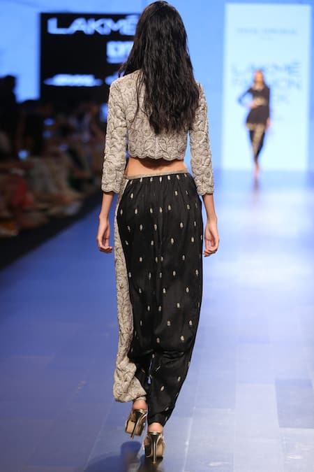 Payal Singhal Black Dupion Silk Embroidery Pearl And Cutdana Vida Crop Top With Low Crotch Pants  2