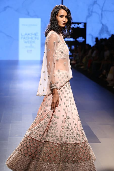 Payal Singhal Pink Dupion Silk And Net Pearls Leaf Neck Pakizah Overlay Top & Lehenga Set Online at Aza Fashions Payal Singhal_Pink Dupion Silk And Net Pearls Leaf Neck Pakizah Overlay Top & Lehenga Set _Online_at_Aza_Fashions