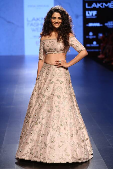 Payal Singhal Pink Dupion Silk Pearls And Sequin One Shoulder Saiyami Off Choli With Lehenga Online at Aza Fashions Payal Singhal_Pink Dupion Silk Pearls And Sequin One Shoulder Saiyami Off Choli With Lehenga_Online_at_Aza_Fashions