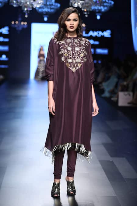 Buy_Payal Singhal_Purple Silk And Soft Net Embroidery Band Frieda Kurta With Churidar _Online_at_Aza_Fashions