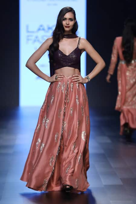 Payal Singhal Purple Silk Embroidery Thread And Mukaish V Irma Bustier & Palazzo Lehenga Set 