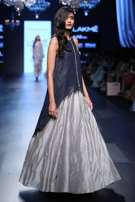 Payal Singhal_Grey Silkmul Embroidery Mukaish Round Shaya High Low Tunic Lehenga Set_Online_at_Aza_Fashions