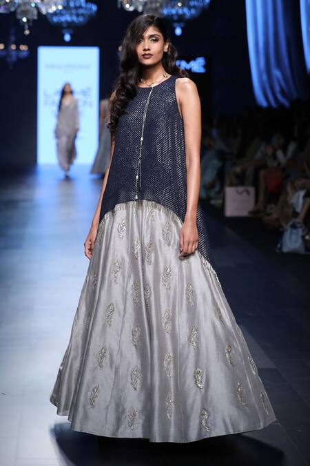 Buy_Payal Singhal_Grey Silkmul Embroidery Mukaish Round Shaya High Low Tunic Lehenga Set_Online_at_Aza_Fashions