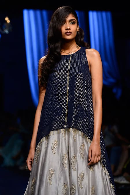 Shop_Payal Singhal_Grey Silkmul Embroidery Mukaish Round Shaya High Low Tunic Lehenga Set_Online_at_Aza_Fashions