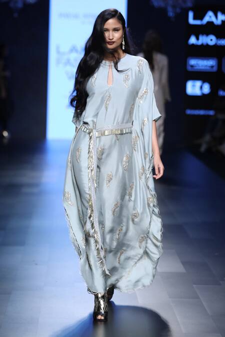 Buy Payal Singhal Blue Silk Embroidery Mukaish Round Sumiya Kaftan With Belt Online at Aza Fashions Buy_Payal Singhal_Blue Silk Embroidery Mukaish Round Sumiya Kaftan With Belt _Online_at_Aza_Fashions