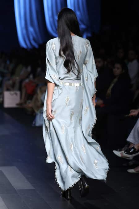 Shop Payal Singhal Blue Silk Embroidery Mukaish Round Sumiya Kaftan With Belt at Aza Fashions Shop_Payal Singhal_Blue Silk Embroidery Mukaish Round Sumiya Kaftan With Belt _at_Aza_Fashions