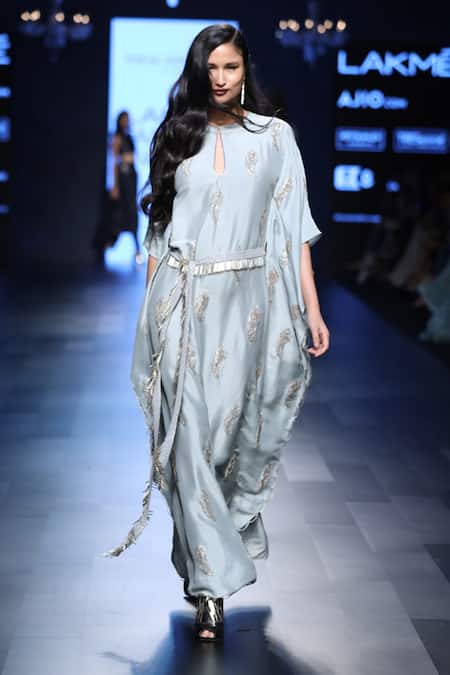 Payal Singhal Blue Silk Embroidery Mukaish Round Sumiya Kaftan With Belt Online at Aza Fashions Payal Singhal_Blue Silk Embroidery Mukaish Round Sumiya Kaftan With Belt _Online_at_Aza_Fashions