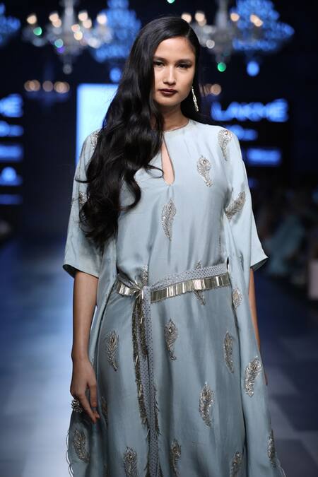 Shop Payal Singhal Blue Silk Embroidery Mukaish Round Sumiya Kaftan With Belt Online at Aza Fashions Shop_Payal Singhal_Blue Silk Embroidery Mukaish Round Sumiya Kaftan With Belt _Online_at_Aza_Fashions