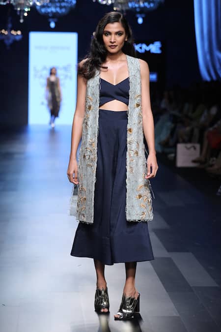 Payal Singhal_Blue Silk Embroidery Jaal V Neck Amyra Jacket With Jumpsuit_Online_at_Aza_Fashions