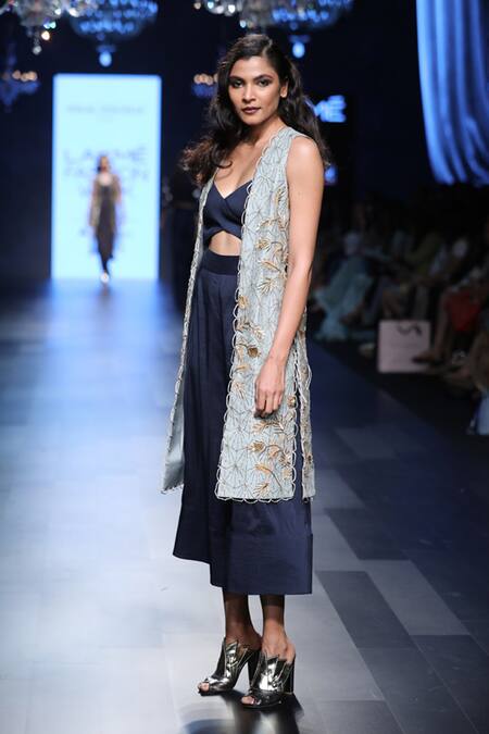 Buy_Payal Singhal_Blue Silk Embroidery Jaal V Neck Amyra Jacket With Jumpsuit_Online_at_Aza_Fashions