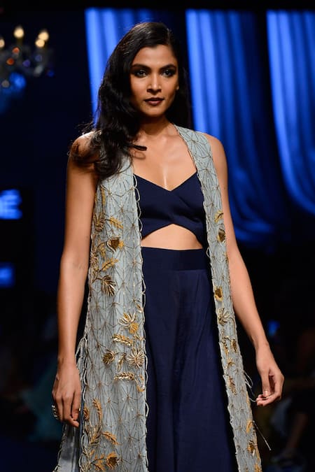 Shop_Payal Singhal_Blue Silk Embroidery Jaal V Neck Amyra Jacket With Jumpsuit_Online_at_Aza_Fashions