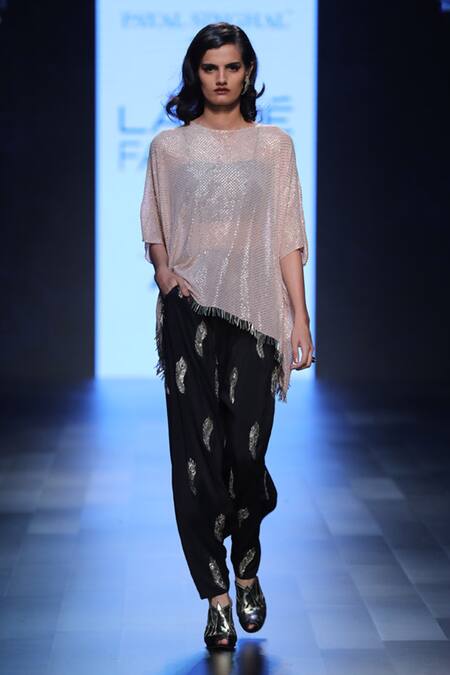 Payal Singhal_Black Silk Embroidery Mukaish Round Maliya Tunic With Low Crotch Pants _Online_at_Aza_Fashions