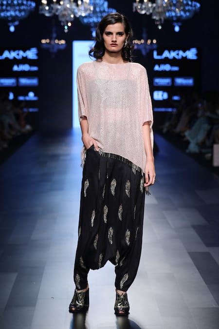 Shop_Payal Singhal_Black Silk Embroidery Mukaish Round Maliya Tunic With Low Crotch Pants _Online_at_Aza_Fashions