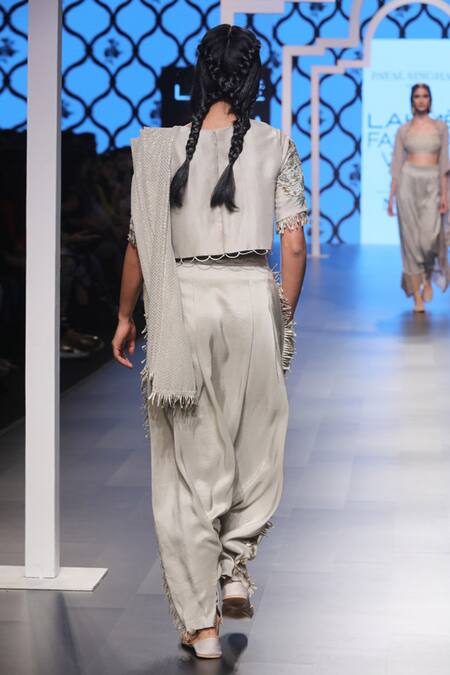 Shop Payal Singhal Grey Silk Chidiya Embroidery And Mukaish Round Gazal Dhoti Saree With Blouse at Aza Fashions Shop_Payal Singhal_Grey Silk Chidiya Embroidery And Mukaish Round Gazal Dhoti Saree With Blouse_at_Aza_Fashions