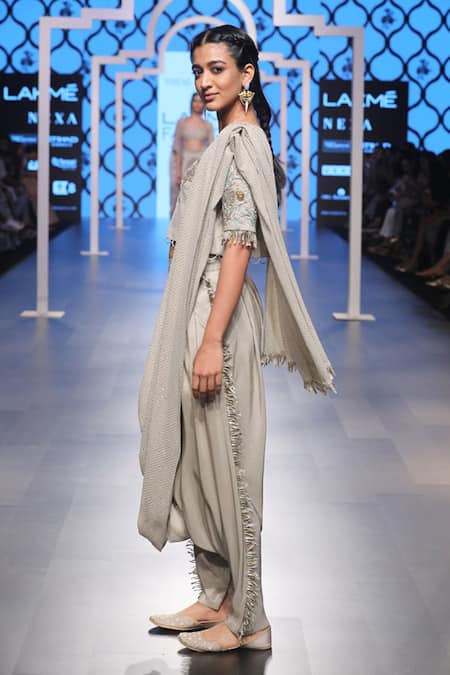 Buy Payal Singhal Grey Silk Chidiya Embroidery And Mukaish Round Gazal Dhoti Saree With Blouse Online at Aza Fashions Buy_Payal Singhal_Grey Silk Chidiya Embroidery And Mukaish Round Gazal Dhoti Saree With Blouse_Online_at_Aza_Fashions