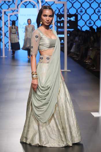 Payal Singhal_Green Brocade Jaal And Mukaish Square Neck Jumana Lehenga Set_Online_at_Aza_Fashions
