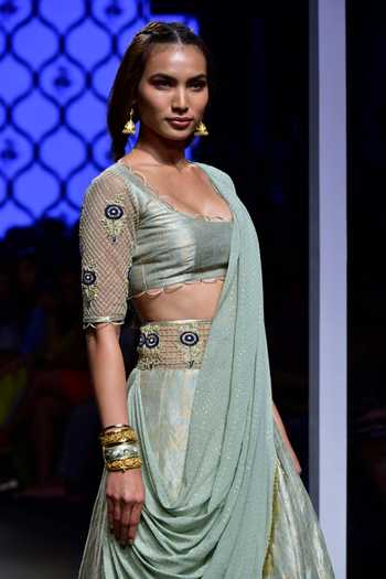 Shop_Payal Singhal_Green Brocade Jaal And Mukaish Square Neck Jumana Lehenga Set_Online_at_Aza_Fashions