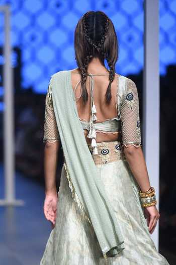 Payal Singhal_Green Brocade Jaal And Mukaish Square Neck Jumana Lehenga Set_at_Aza_Fashions