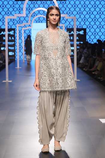 Payal Singhal_Grey Silk Jaal Round Heba Overlay Kurta And Salwar Set _Online_at_Aza_Fashions
