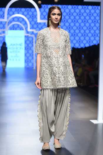 Buy_Payal Singhal_Grey Silk Jaal Round Heba Overlay Kurta And Salwar Set _Online_at_Aza_Fashions