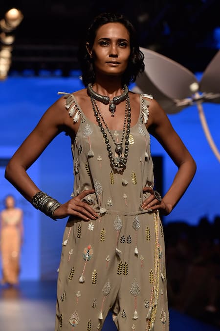 Buy_Payal Singhal_Grey Crepe Embroidery Gota Patti And Tassels Round Rehya Jumpsuit _Online_at_Aza_Fashions