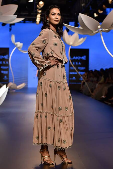 Payal Singhal_Pink Crepe Embroidery Floral Motif Round Nimet Tiered Dress _Online_at_Aza_Fashions