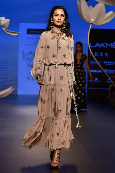 Buy_Payal Singhal_Pink Crepe Embroidery Floral Motif Round Nimet Tiered Dress _Online_at_Aza_Fashions