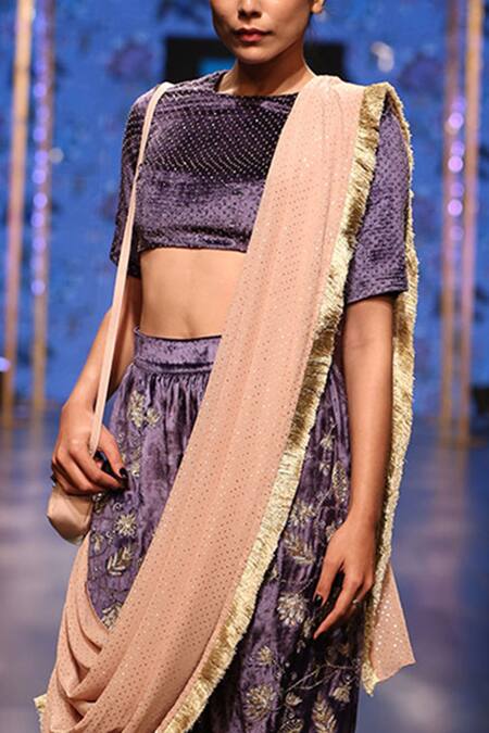 Payal Singhal_Blue Velvet Embroidery Round Umida Dhoti Saree With Blouse_at_Aza_Fashions