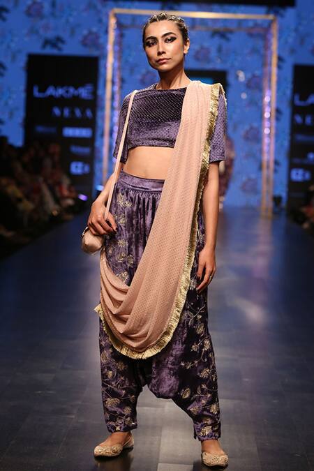 Payal Singhal_Blue Velvet Embroidery Round Umida Dhoti Saree With Blouse_Online_at_Aza_Fashions