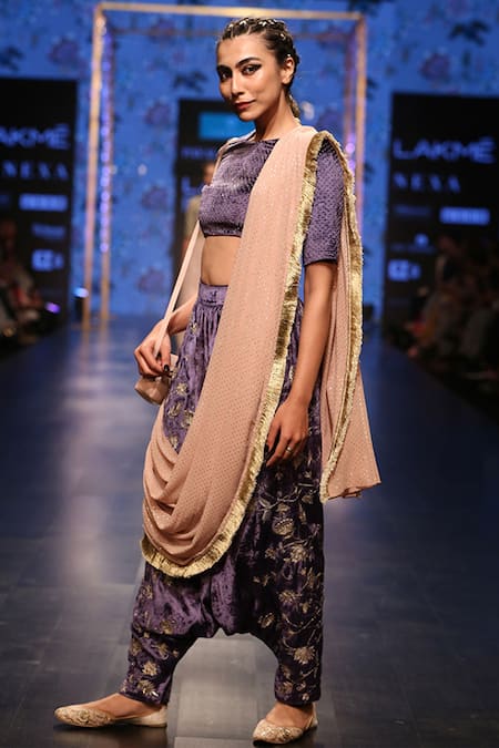 Buy_Payal Singhal_Blue Velvet Embroidery Round Umida Dhoti Saree With Blouse_Online_at_Aza_Fashions