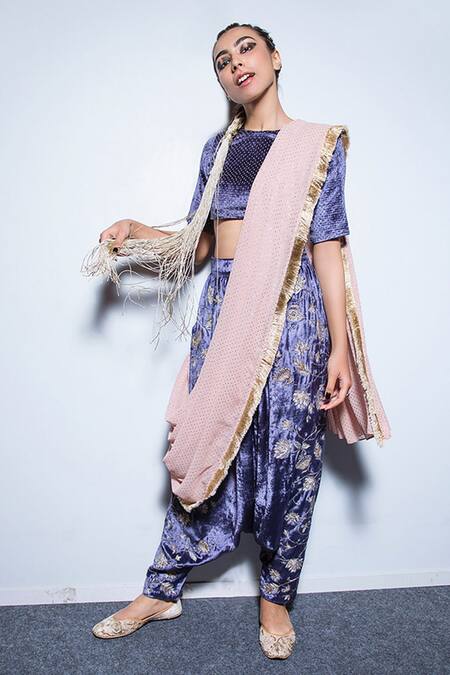 Shop_Payal Singhal_Blue Velvet Embroidery Round Umida Dhoti Saree With Blouse_Online_at_Aza_Fashions
