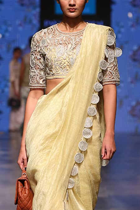 Payal Singhal_Yellow Chanderi Embroidery Thread Round Zarya Saree With Blouse _at_Aza_Fashions