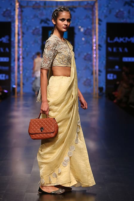 Payal Singhal_Yellow Chanderi Embroidery Thread Round Zarya Saree With Blouse _Online_at_Aza_Fashions