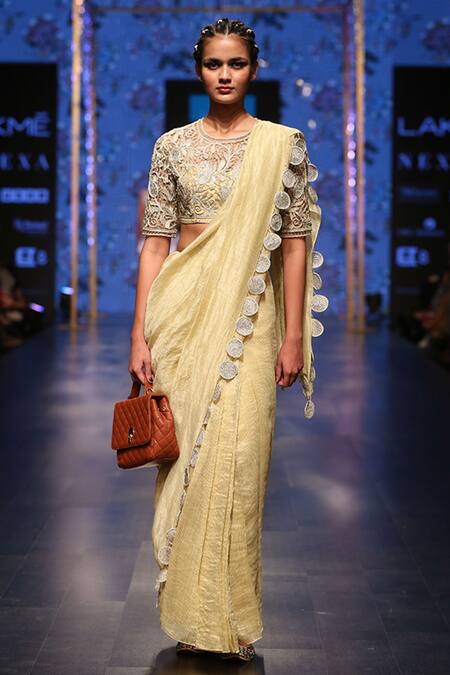 Buy_Payal Singhal_Yellow Chanderi Embroidery Thread Round Zarya Saree With Blouse _Online_at_Aza_Fashions