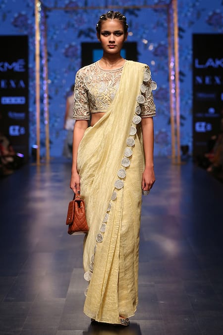 Shop_Payal Singhal_Yellow Chanderi Embroidery Thread Round Zarya Saree With Blouse _Online_at_Aza_Fashions