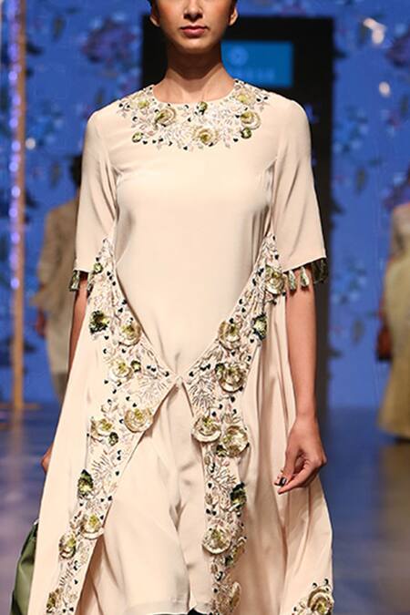 Payal Singhal_Blue Crepe Embroidery Thread Round Zumara Overlap Kurta With Low Crotch Pants _at_Aza_Fashions