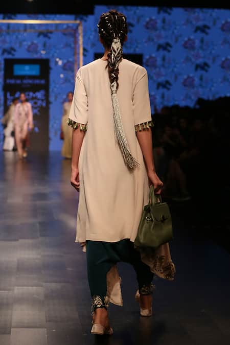 Shop_Payal Singhal_Blue Crepe Embroidery Thread Round Zumara Overlap Kurta With Low Crotch Pants _at_Aza_Fashions