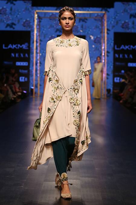 Buy_Payal Singhal_Blue Crepe Embroidery Thread Round Zumara Overlap Kurta With Low Crotch Pants _Online_at_Aza_Fashions