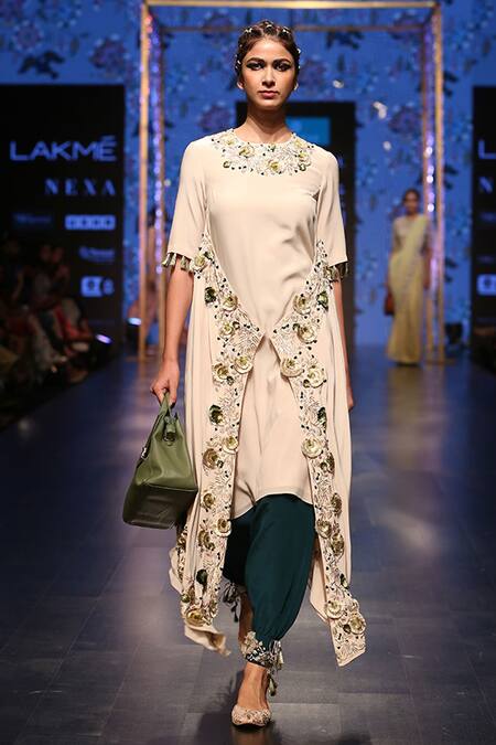 Shop_Payal Singhal_Blue Crepe Embroidery Thread Round Zumara Overlap Kurta With Low Crotch Pants _Online_at_Aza_Fashions