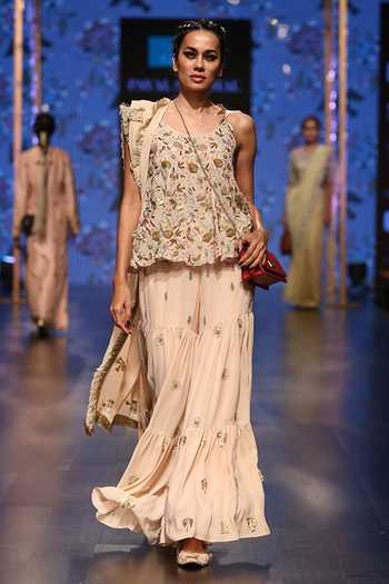 Payal Singhal_Pink Georgette Embroidery Thread And Sequin Round Banu Short Anarkali Sharara Set _Online_at_Aza_Fashions