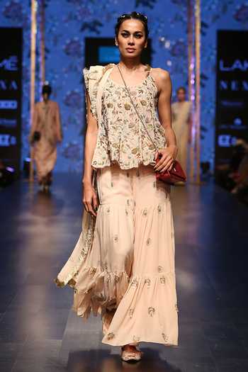 Buy_Payal Singhal_Pink Georgette Embroidery Thread And Sequin Round Banu Short Anarkali Sharara Set _Online_at_Aza_Fashions