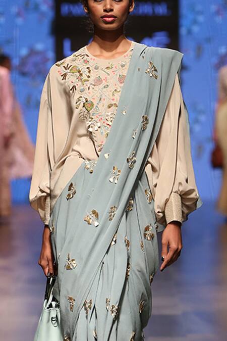 Payal Singhal_Grey Crepe Embroidery Thread Round Esta Saree With Kaftan Top_at_Aza_Fashions