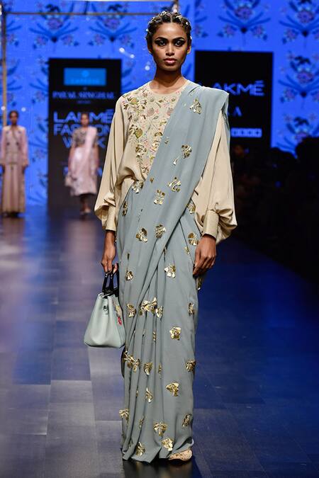 Buy_Payal Singhal_Grey Crepe Embroidery Thread Round Esta Saree With Kaftan Top_Online_at_Aza_Fashions