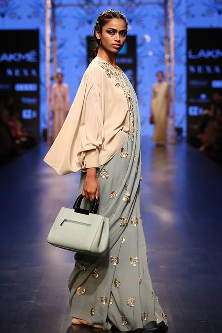 Shop_Payal Singhal_Grey Crepe Embroidery Thread Round Esta Saree With Kaftan Top_Online_at_Aza_Fashions