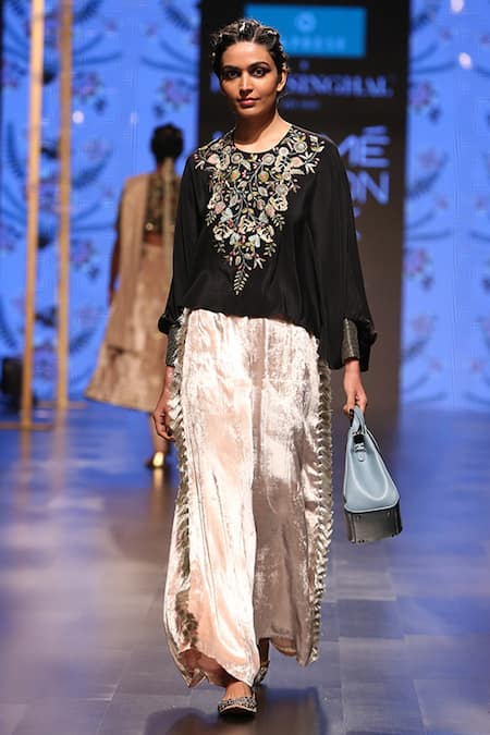 Shop Payal Singhal Black Crepe Embroidery Thread Round Nahid Kaftan Top And Palazzo Set Online at Aza Fashions Shop_Payal Singhal_Black Crepe Embroidery Thread Round Nahid Kaftan Top And Palazzo Set _Online_at_Aza_Fashions