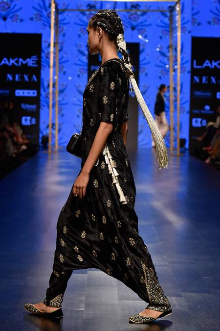 Buy_Payal Singhal_Black Velvet Embroidery Round Uzbek Low Crotch Jumpsuit _Online_at_Aza_Fashions