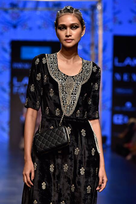 Payal Singhal_Black Velvet Embroidery Round Uzbek Low Crotch Jumpsuit _at_Aza_Fashions