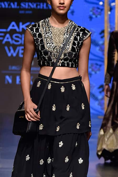Payal Singhal_Black Velvet Embroidery Round Nasiba Choli And Sharara Set _at_Aza_Fashions